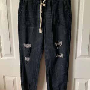 Mittoshop Women's Black Ripped Denim‎ Joggers Size M Casual Pants